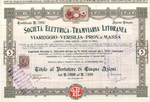 Società Elettrica Tramviaria Litoranea Viareggio - Versilia - Prov. di Massa